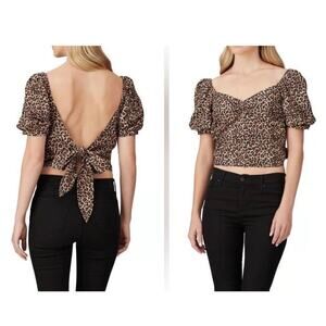 Marissa Webb Leopard Print Puff Sleeve Tie-Back Crop Top - Brown XS